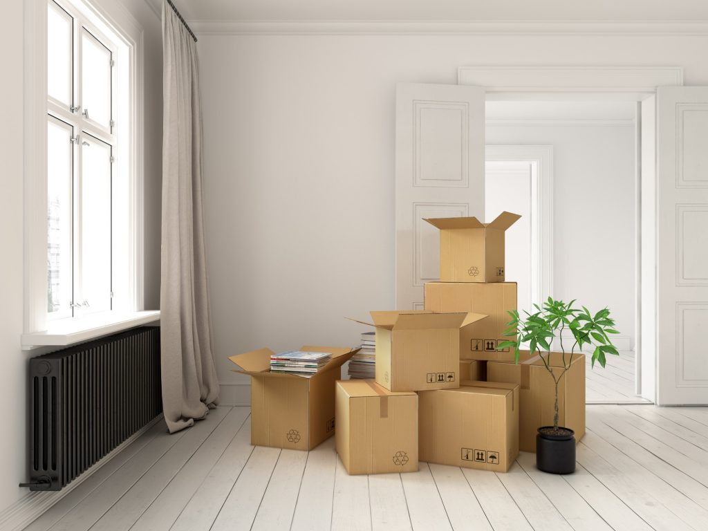 Interior with packed cardboard boxes for relocation 3D rendering